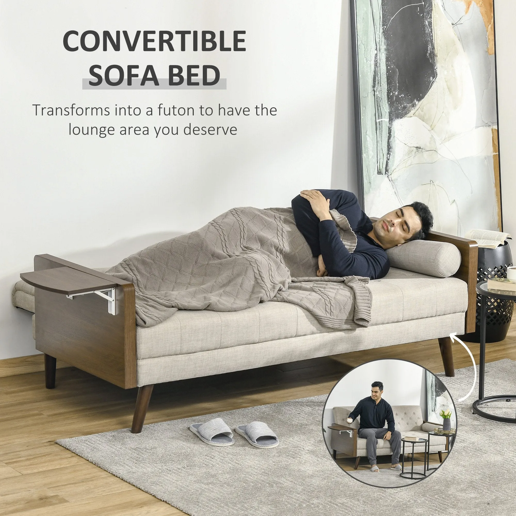 3 Seater Sofa Bed With Side Tray - Beige