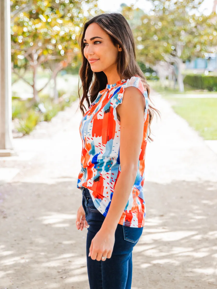 Abstract Print Flutter Sleeve Top