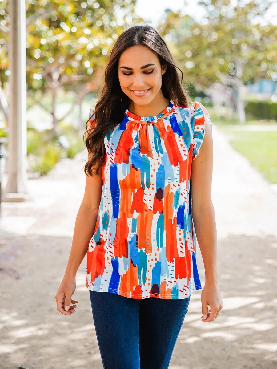 Abstract Print Flutter Sleeve Top
