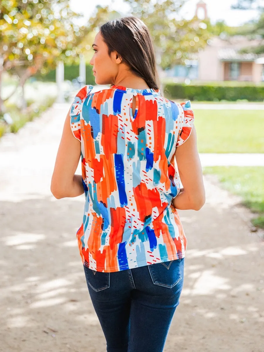Abstract Print Flutter Sleeve Top