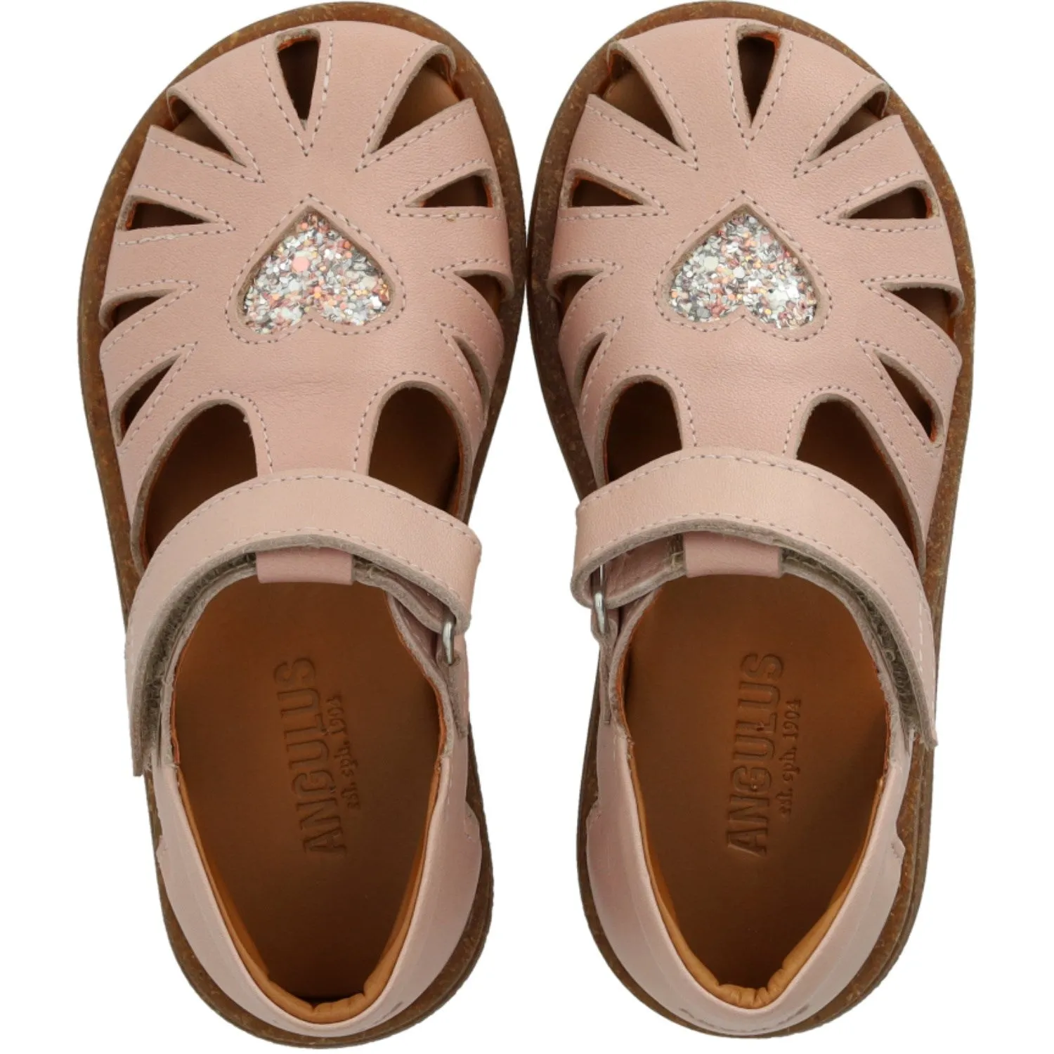 Angulus Rosebud/Rosebud Glitter Leather Heart Sandal with Sparkling Glitter Heart