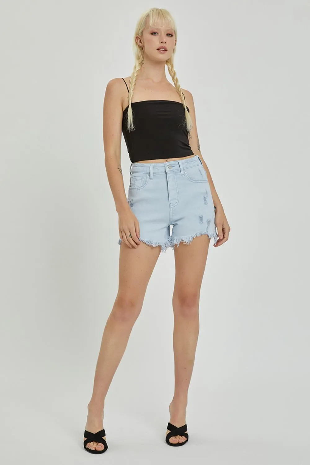 Aria High-Rise Distressed Denim Shorts | Risen
