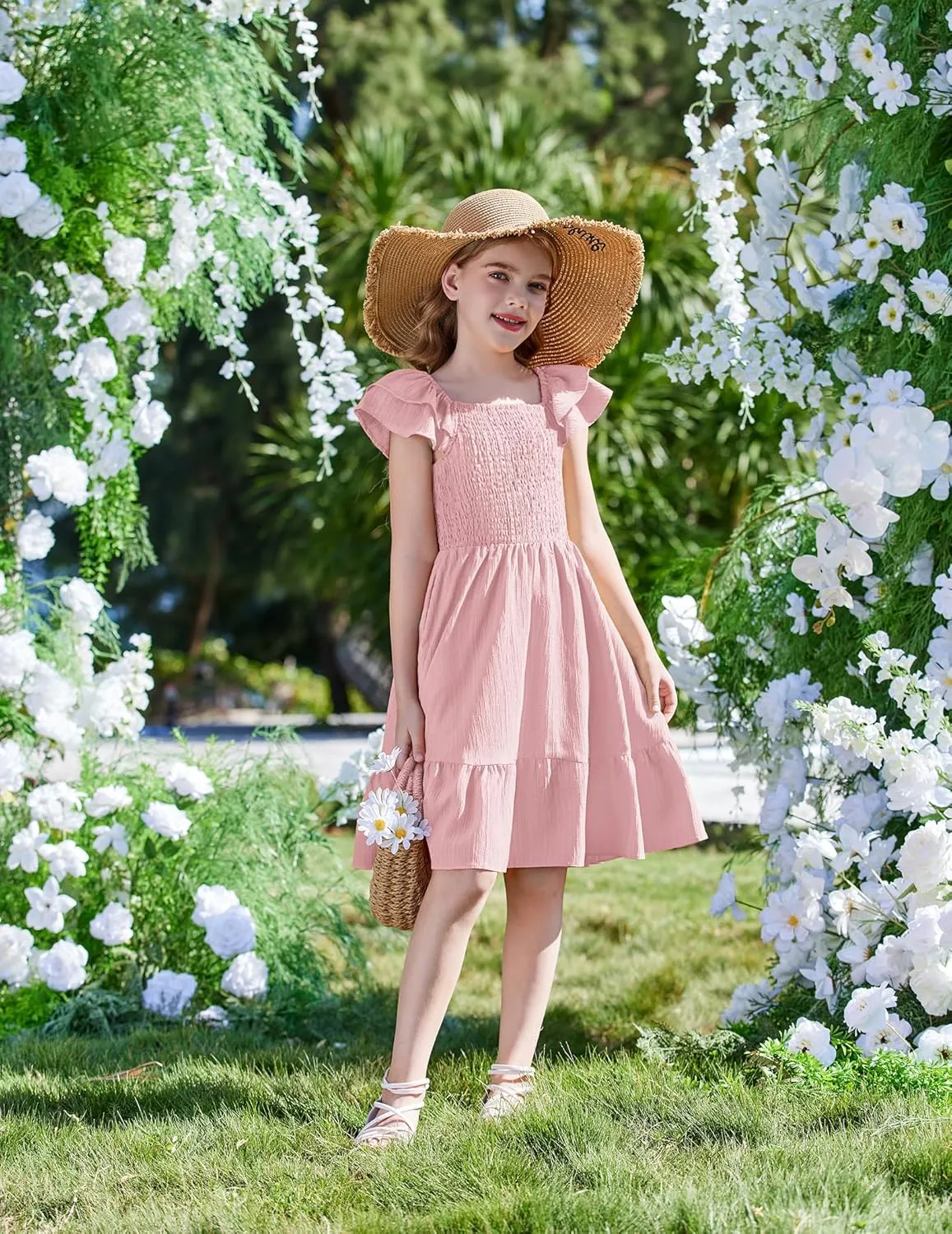Arshiner Girls Dresses Double Pleated Sleeve Square Neck Off Shoulder Dress