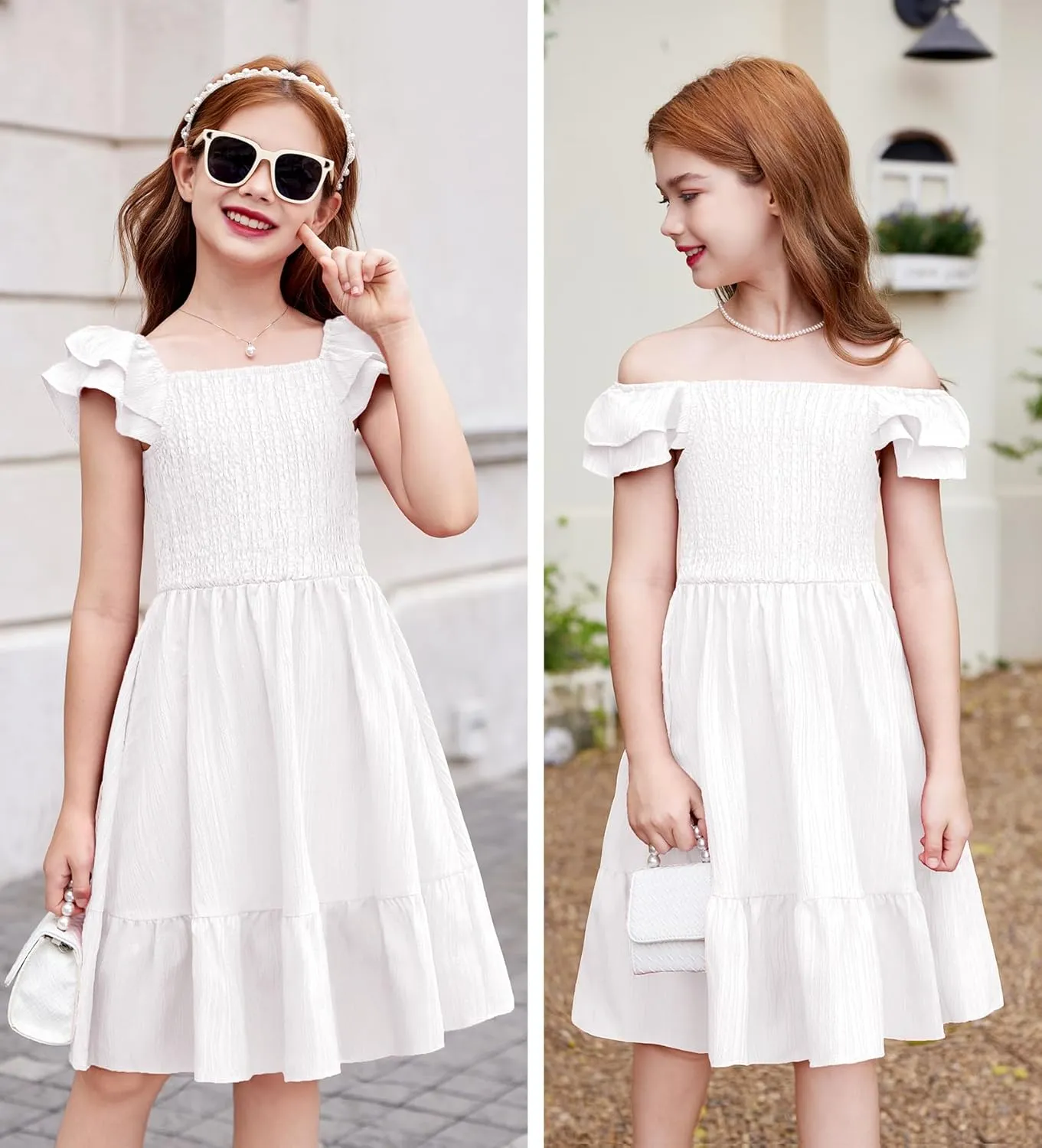 Arshiner Girls Dresses Double Pleated Sleeve Square Neck Off Shoulder Dress