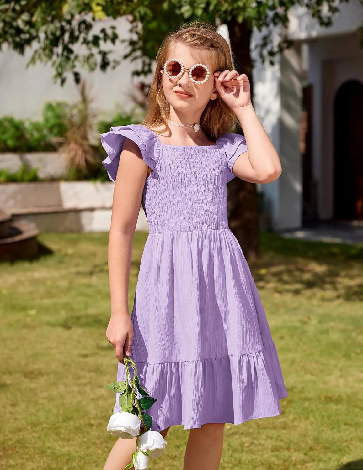 Arshiner Girls Dresses Double Pleated Sleeve Square Neck Off Shoulder Dress