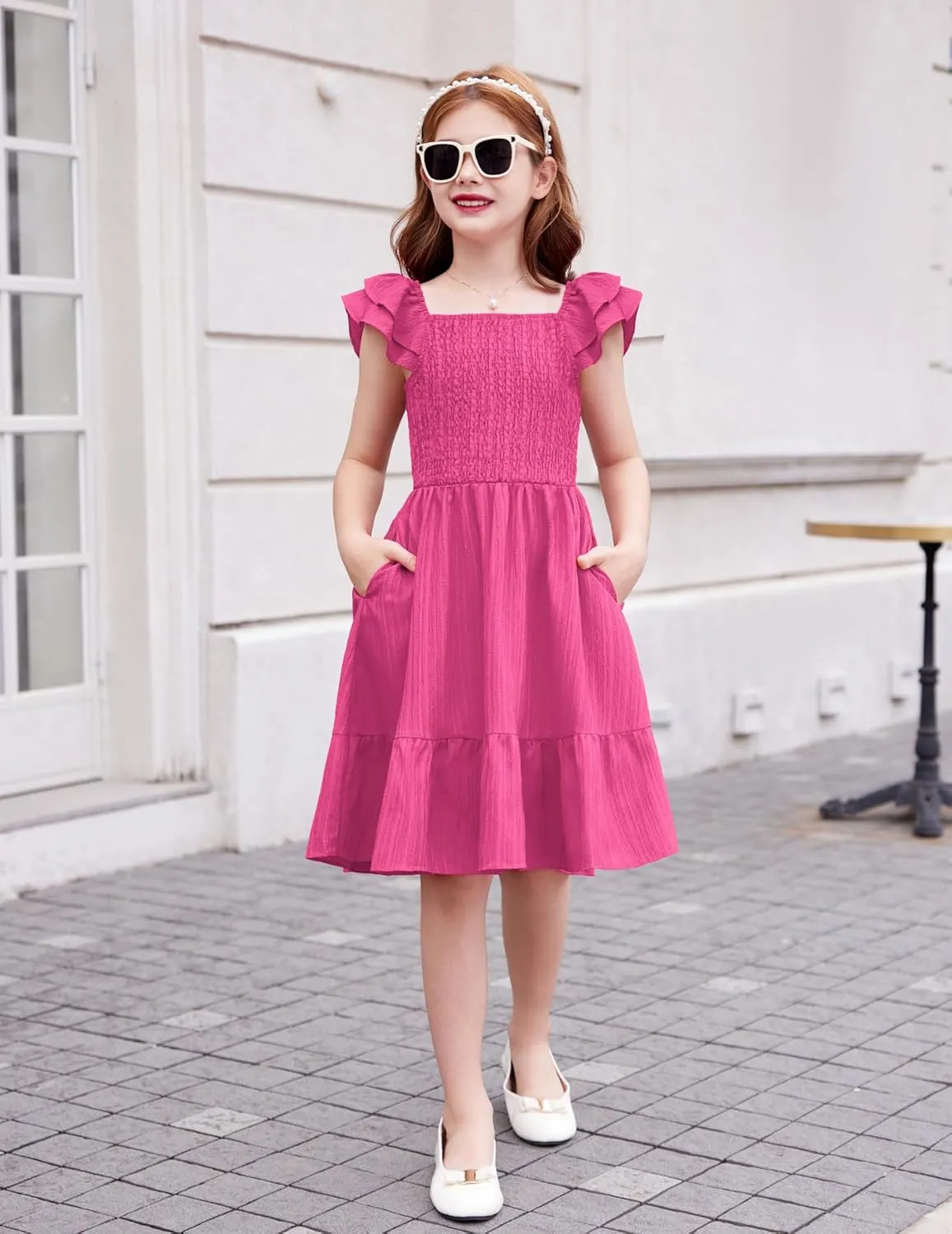 Arshiner Girls Dresses Double Pleated Sleeve Square Neck Off Shoulder Dress