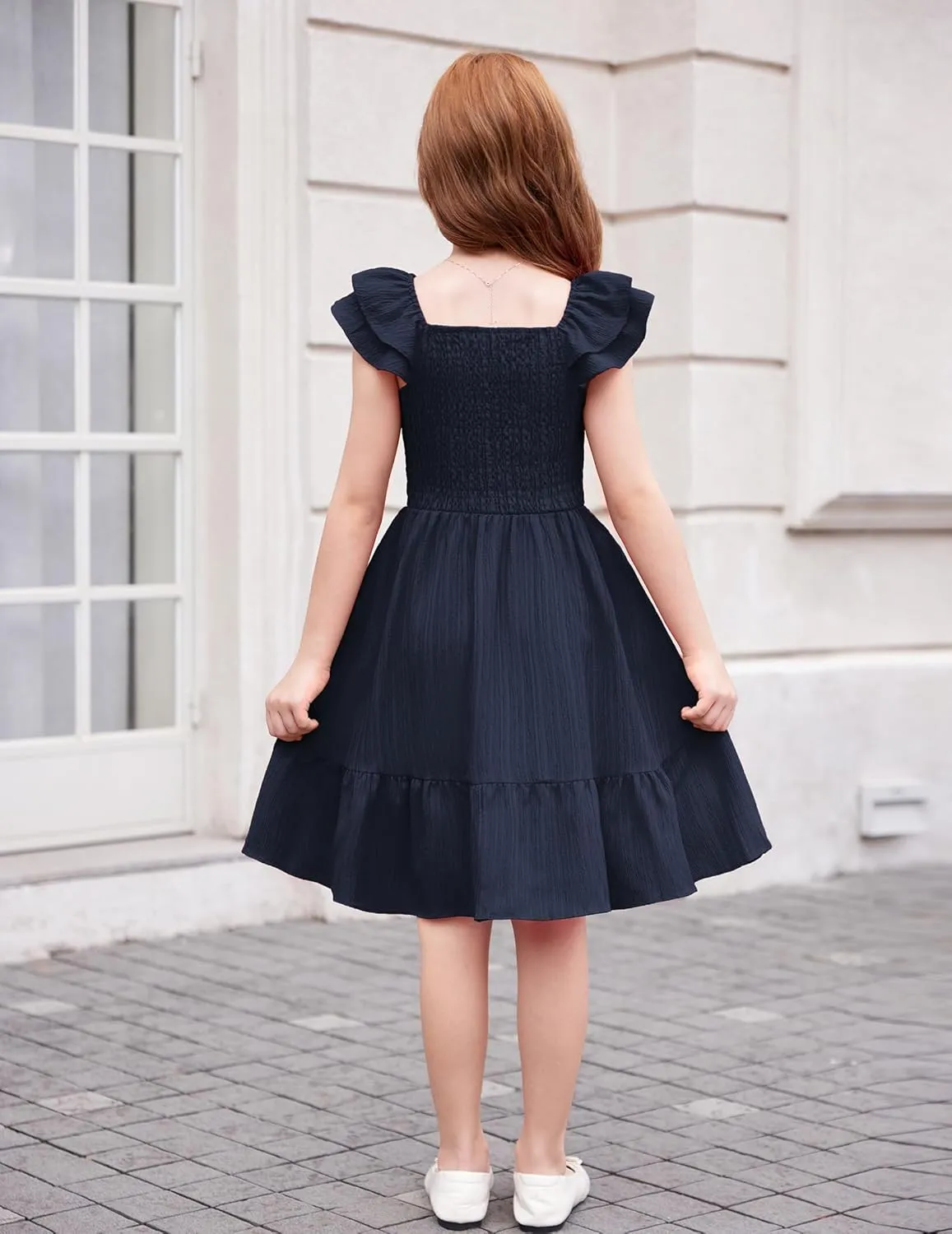 Arshiner Girls Dresses Double Pleated Sleeve Square Neck Off Shoulder Dress