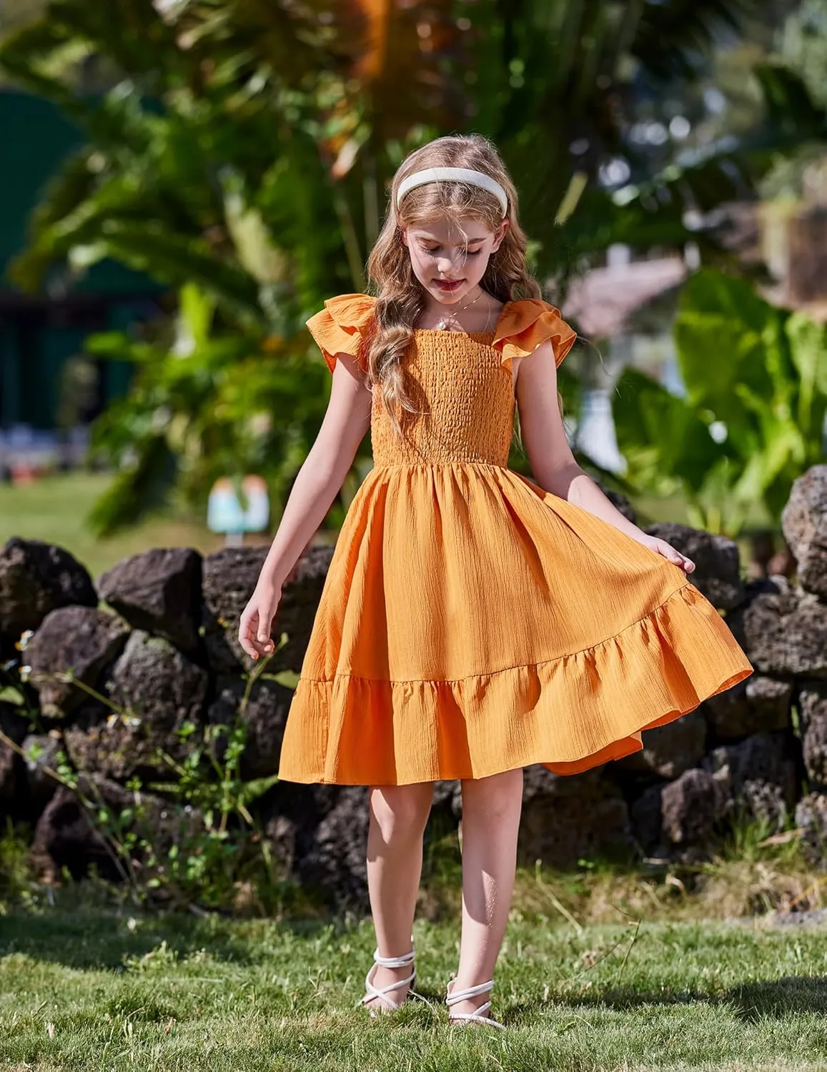 Arshiner Girls Dresses Double Pleated Sleeve Square Neck Off Shoulder Dress
