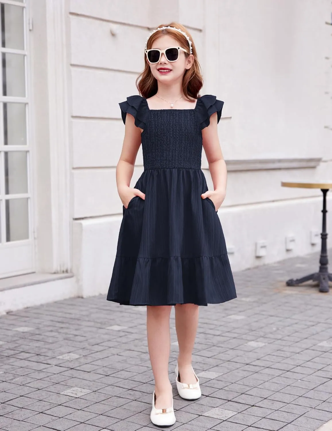 Arshiner Girls Dresses Double Pleated Sleeve Square Neck Off Shoulder Dress