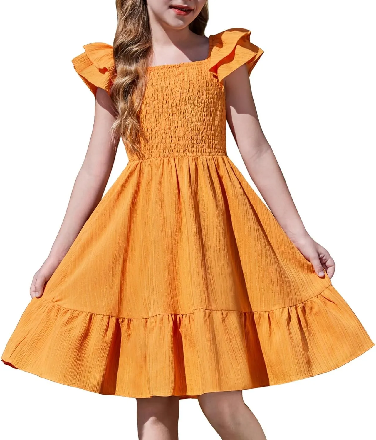 Arshiner Girls Dresses Double Pleated Sleeve Square Neck Off Shoulder Dress