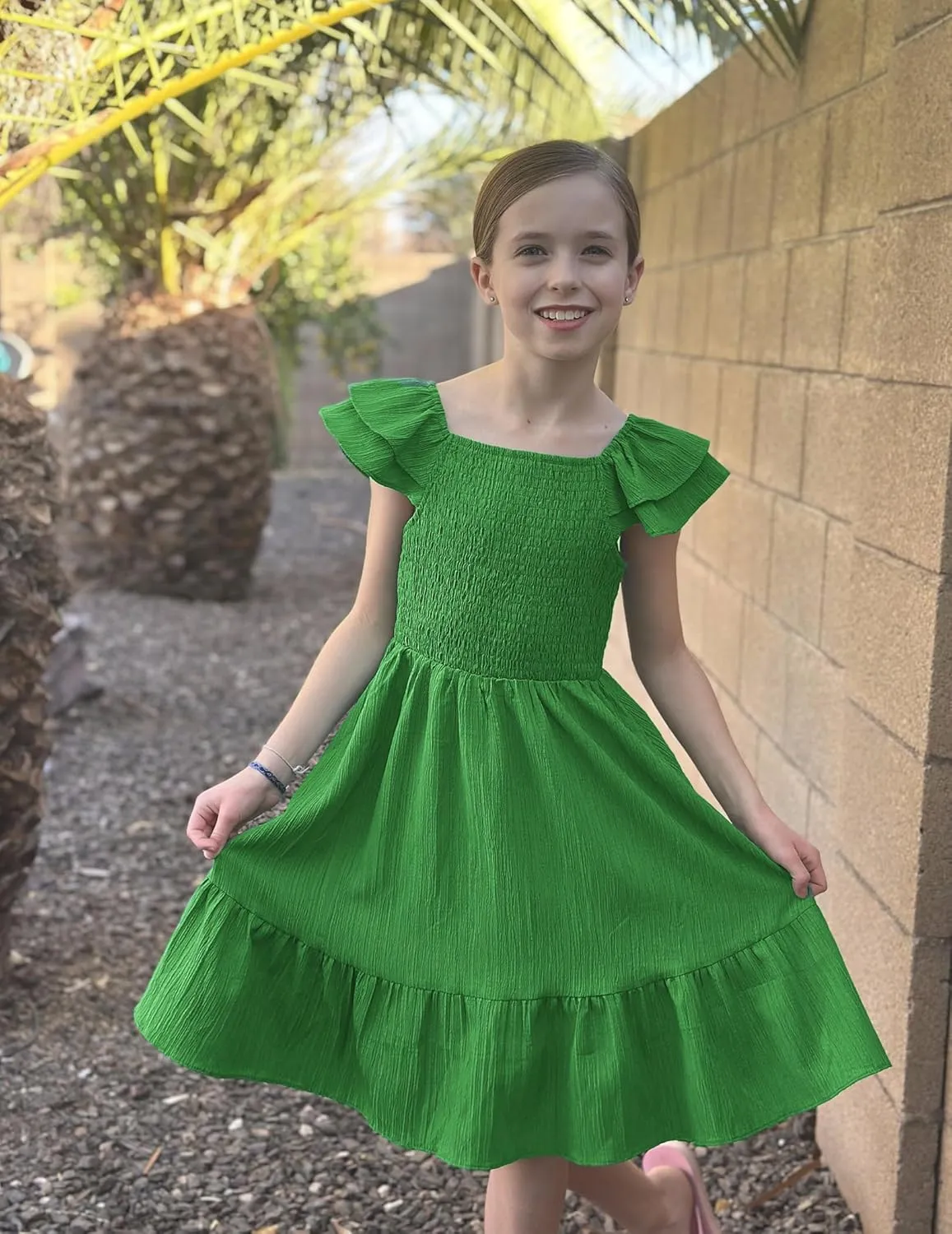 Arshiner Girls Dresses Double Pleated Sleeve Square Neck Off Shoulder Dress