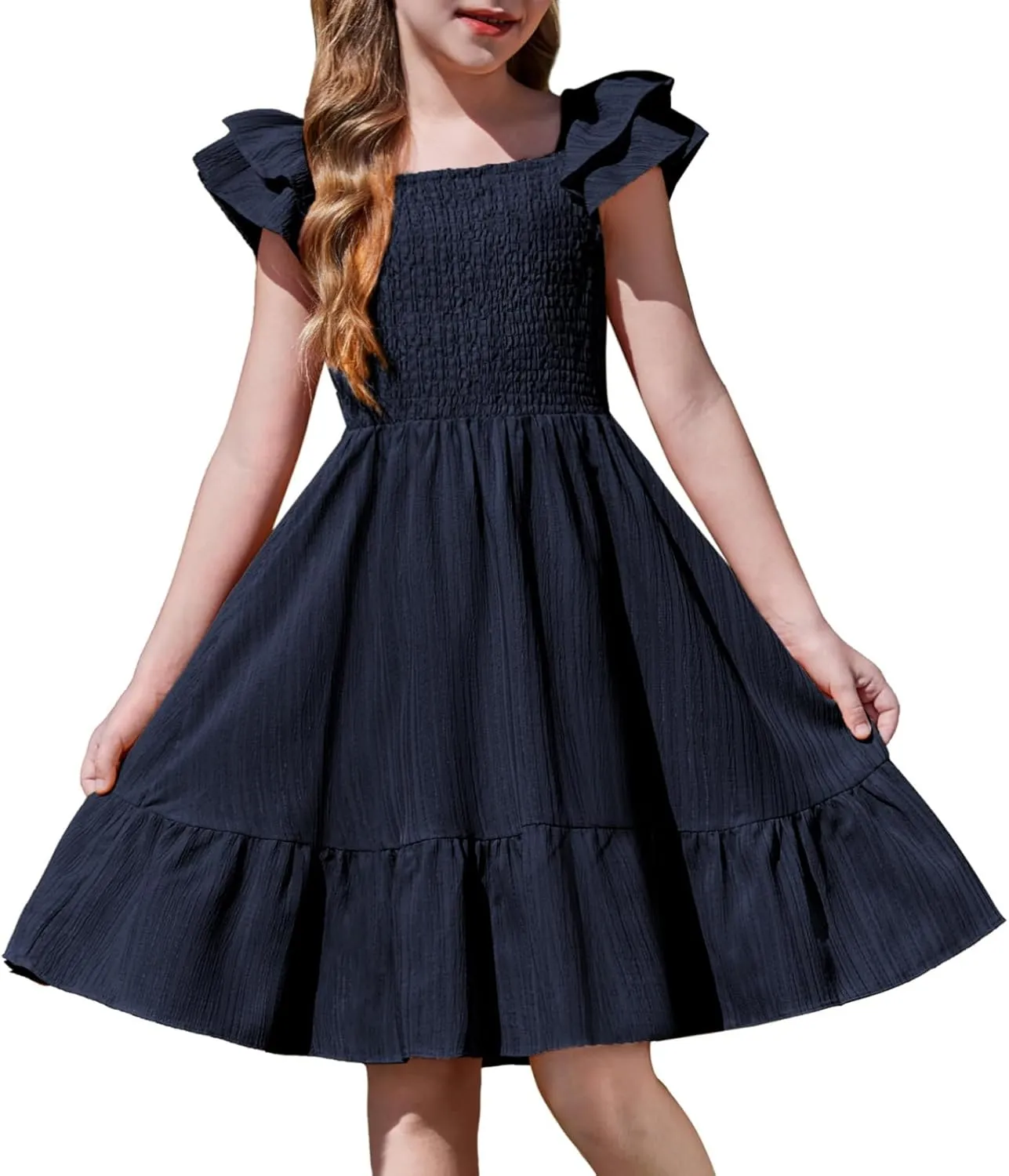 Arshiner Girls Dresses Double Pleated Sleeve Square Neck Off Shoulder Dress