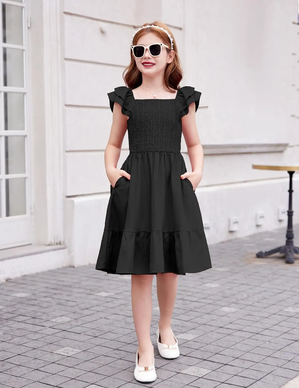 Arshiner Girls Dresses Double Pleated Sleeve Square Neck Off Shoulder Dress
