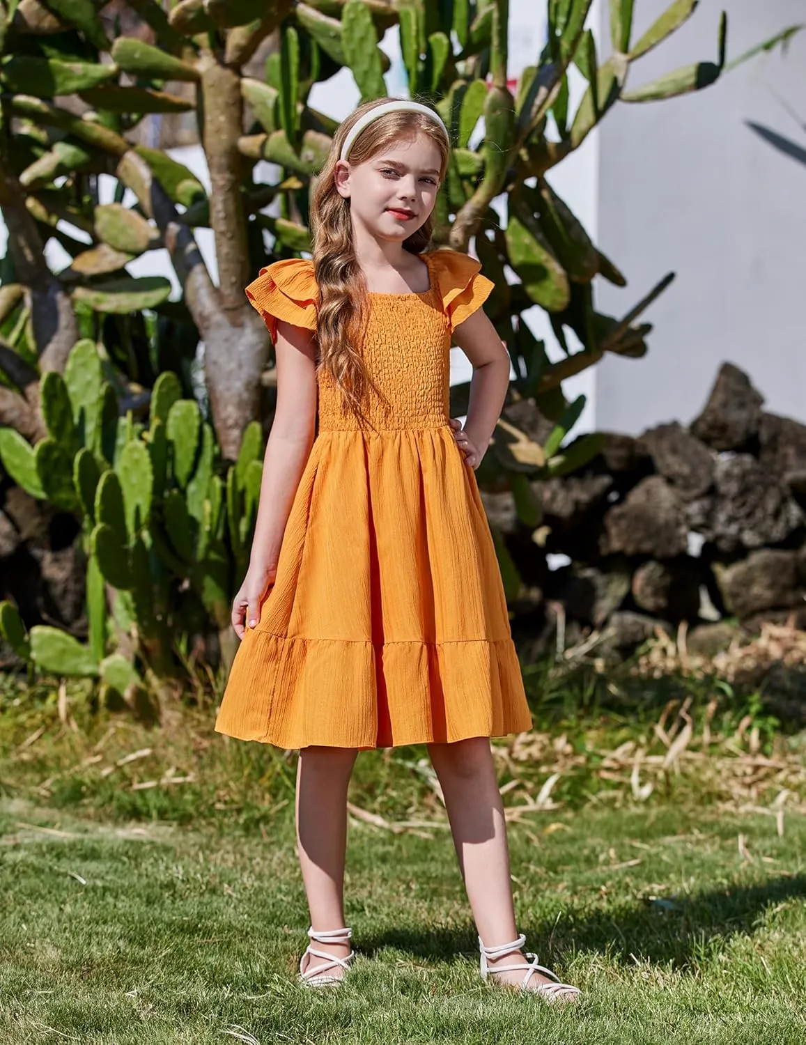 Arshiner Girls Dresses Double Pleated Sleeve Square Neck Off Shoulder Dress