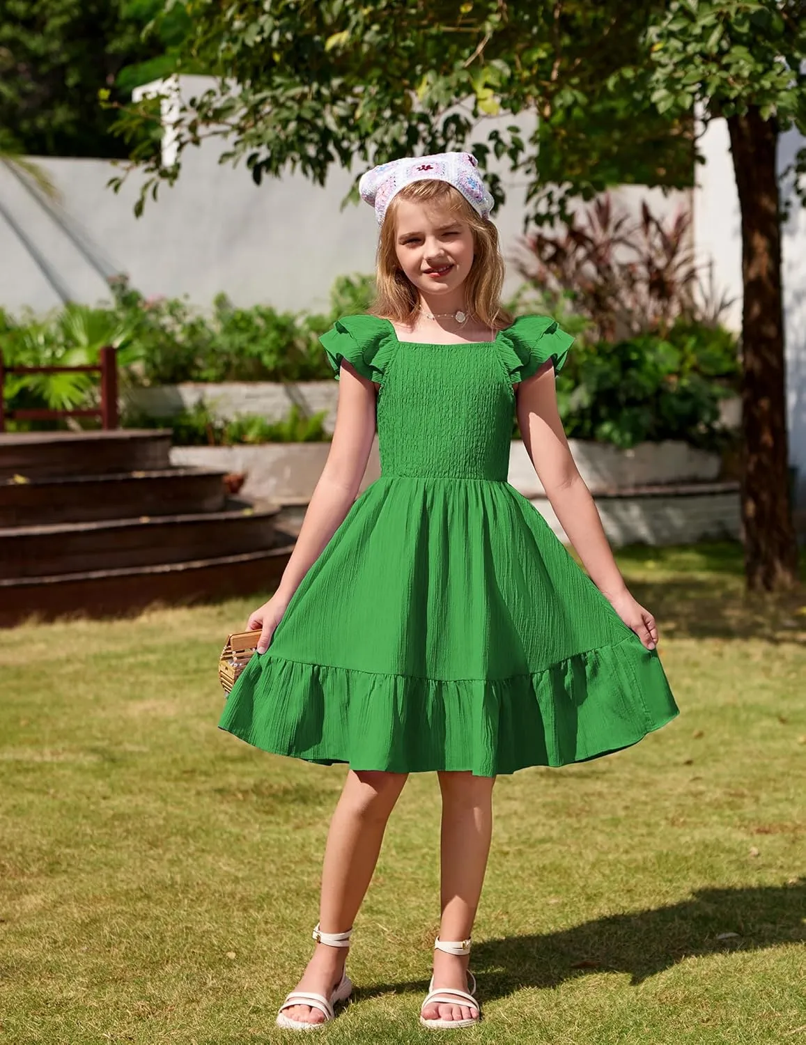 Arshiner Girls Dresses Double Pleated Sleeve Square Neck Off Shoulder Dress