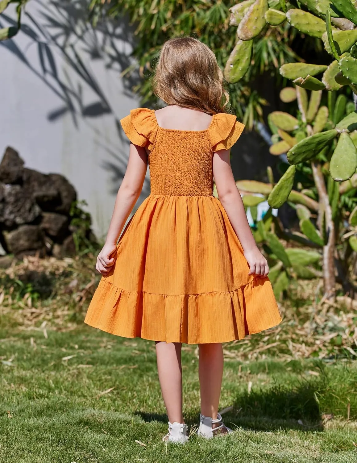 Arshiner Girls Dresses Double Pleated Sleeve Square Neck Off Shoulder Dress