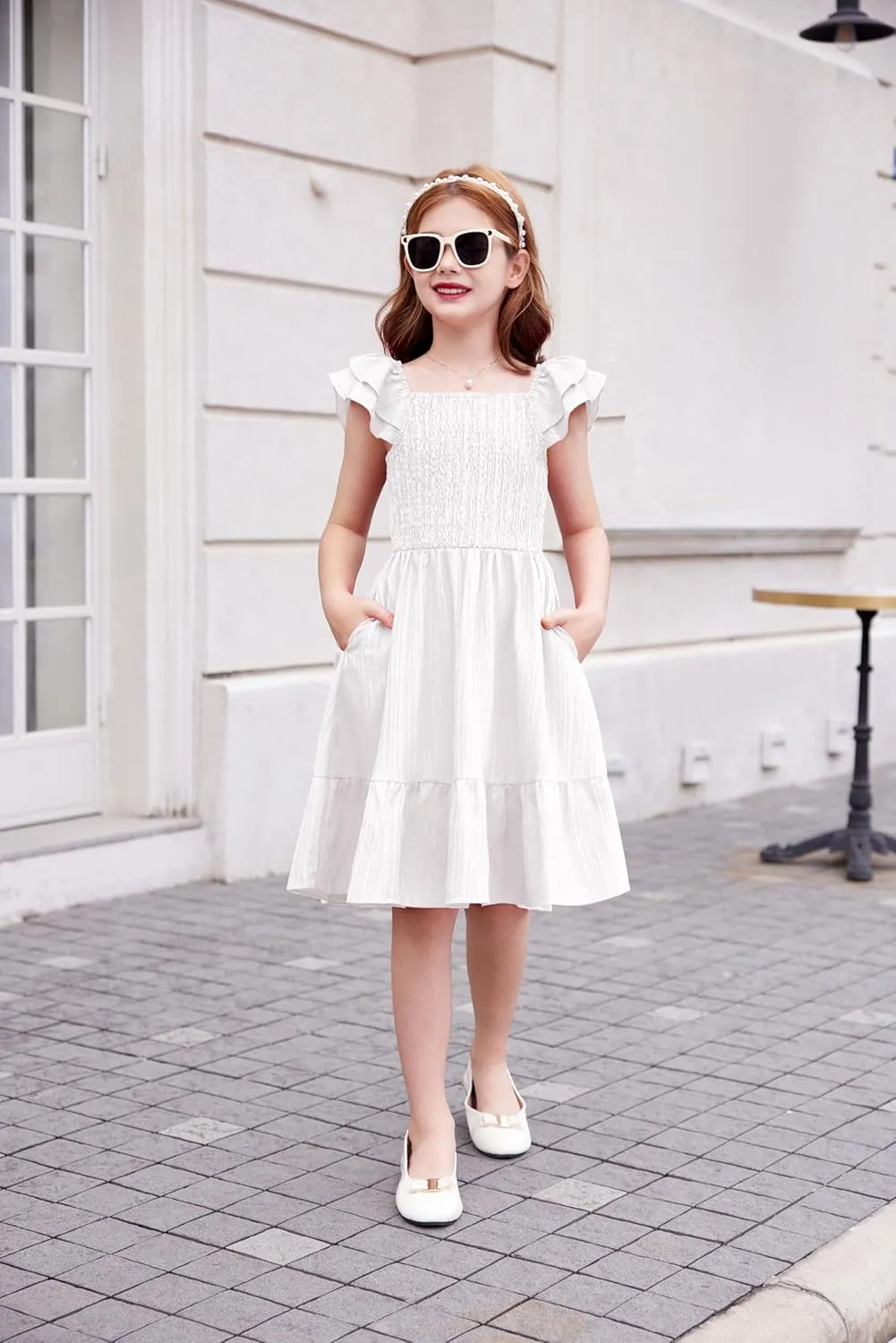 Arshiner Girls Dresses Double Pleated Sleeve Square Neck Off Shoulder Dress
