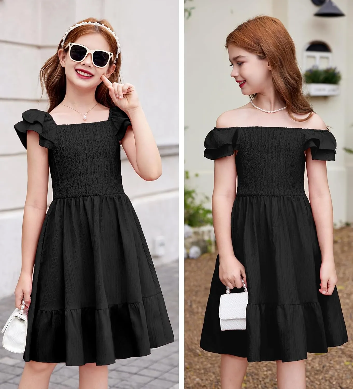 Arshiner Girls Dresses Double Pleated Sleeve Square Neck Off Shoulder Dress