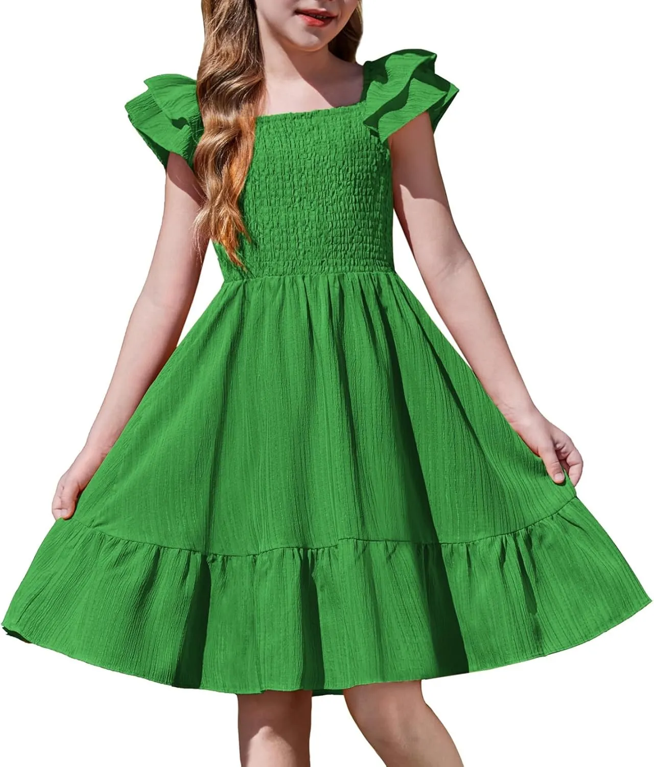 Arshiner Girls Dresses Double Pleated Sleeve Square Neck Off Shoulder Dress