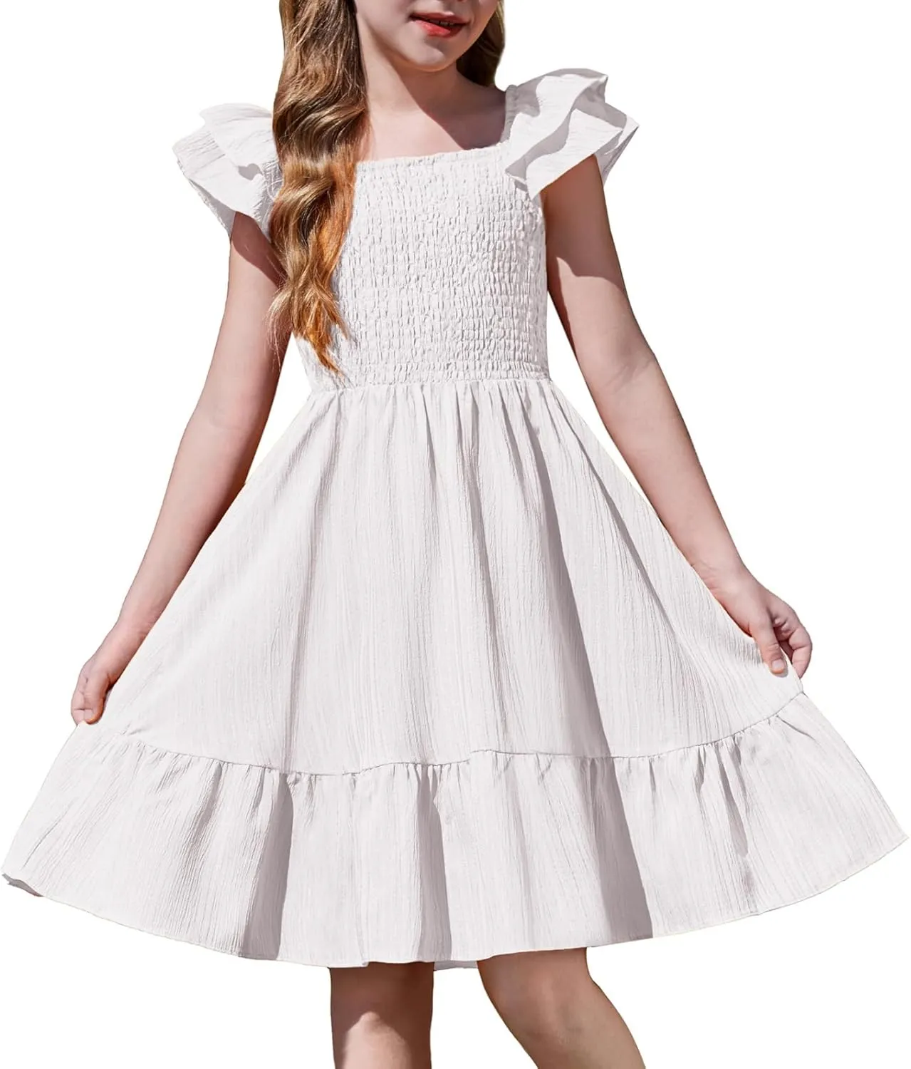 Arshiner Girls Dresses Double Pleated Sleeve Square Neck Off Shoulder Dress
