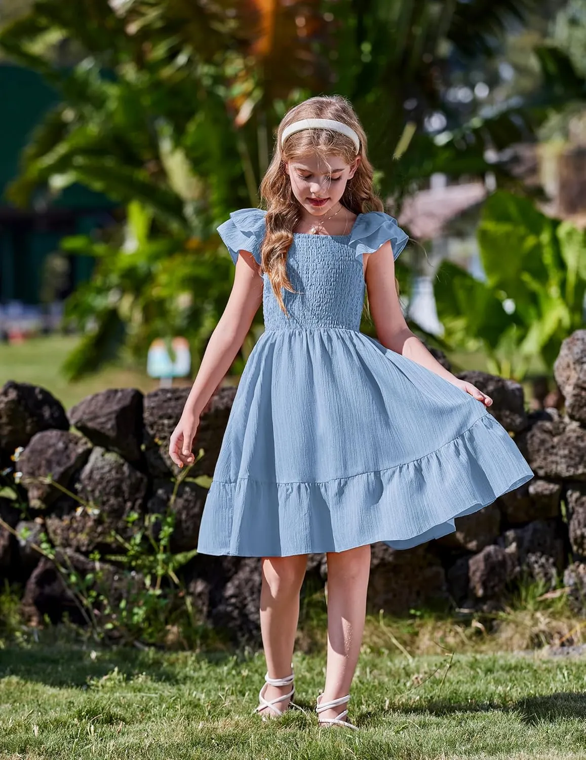 Arshiner Girls Dresses Double Pleated Sleeve Square Neck Off Shoulder Dress