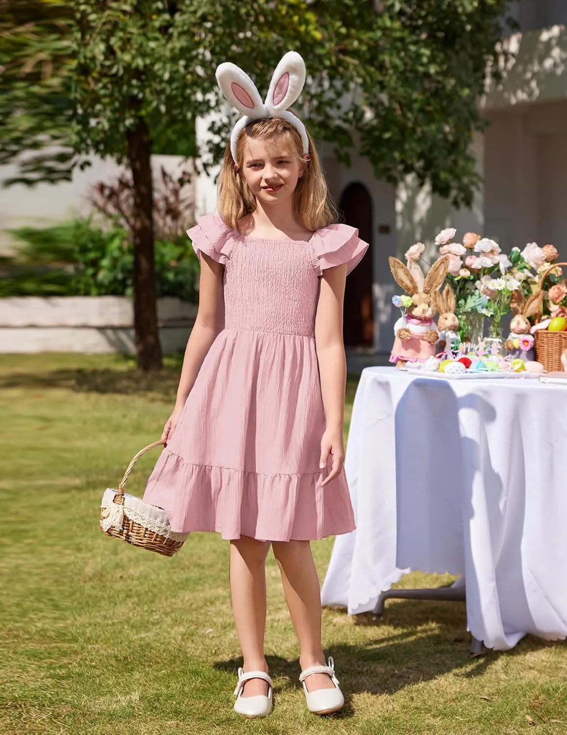 Arshiner Girls Dresses Double Pleated Sleeve Square Neck Off Shoulder Dress