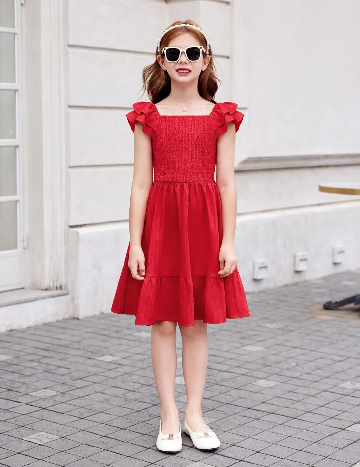 Arshiner Girls Dresses Double Pleated Sleeve Square Neck Off Shoulder Dress