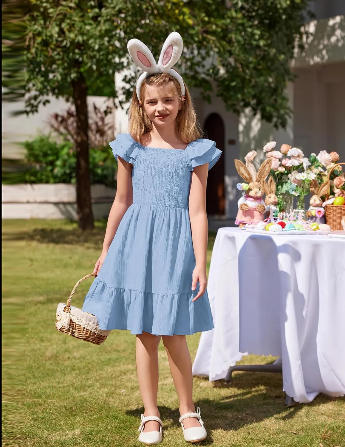 Arshiner Girls Dresses Double Pleated Sleeve Square Neck Off Shoulder Dress