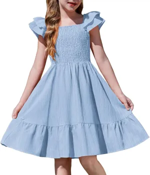 Arshiner Girls Dresses Double Pleated Sleeve Square Neck Off Shoulder Dress