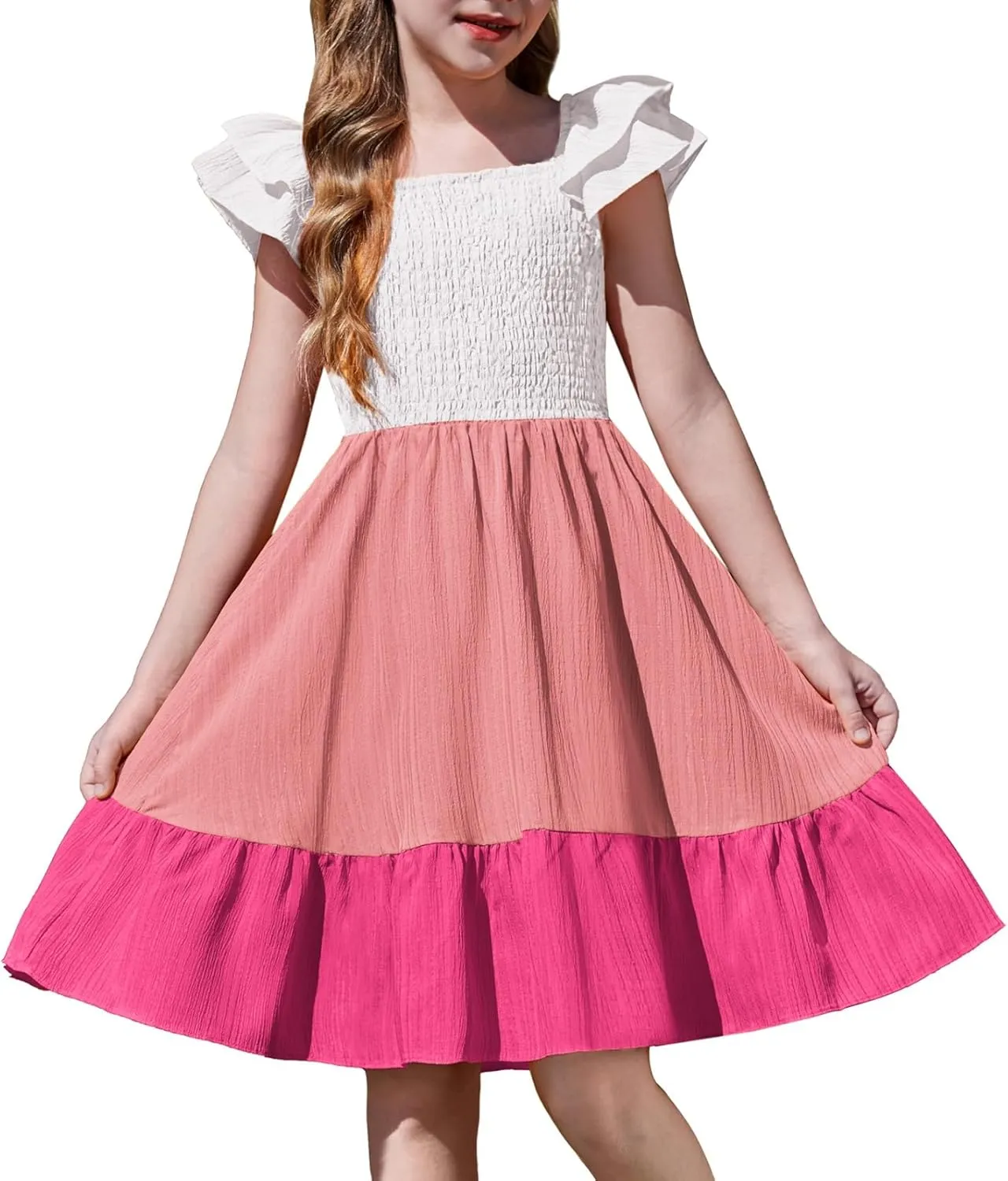 Arshiner Girls Dresses Double Pleated Sleeve Square Neck Off Shoulder Dress