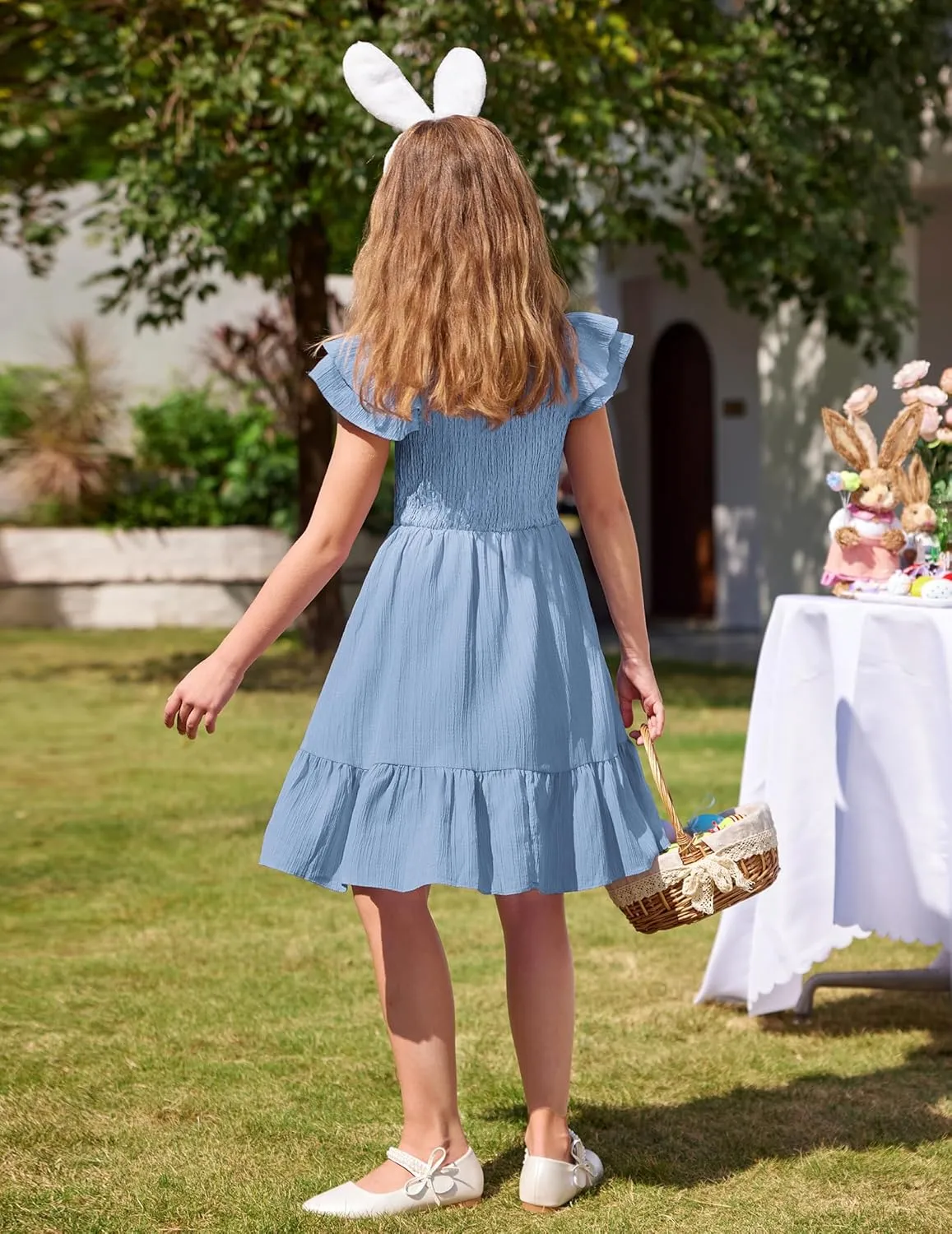 Arshiner Girls Dresses Double Pleated Sleeve Square Neck Off Shoulder Dress