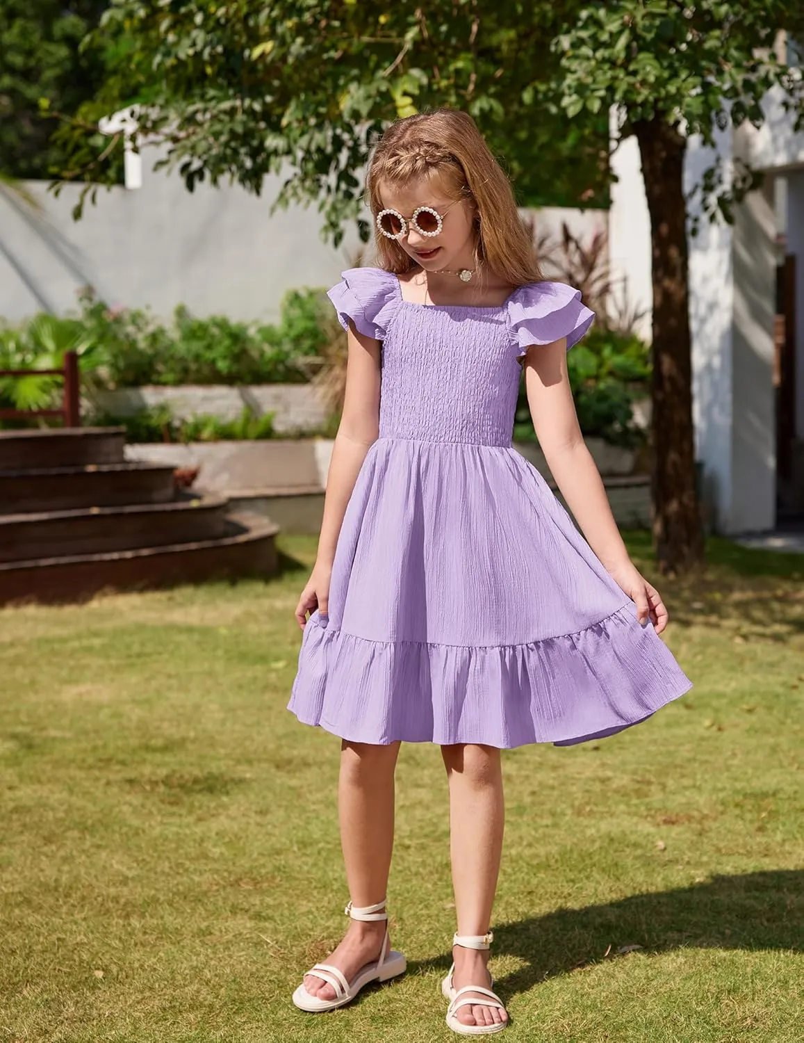 Arshiner Girls Dresses Double Pleated Sleeve Square Neck Off Shoulder Dress