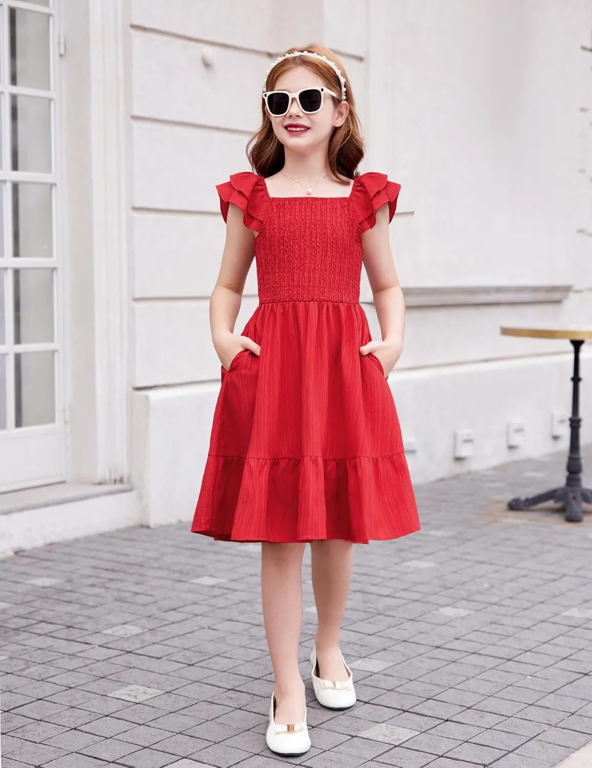 Arshiner Girls Dresses Double Pleated Sleeve Square Neck Off Shoulder Dress