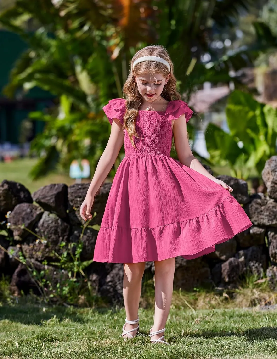 Arshiner Girls Dresses Double Pleated Sleeve Square Neck Off Shoulder Dress