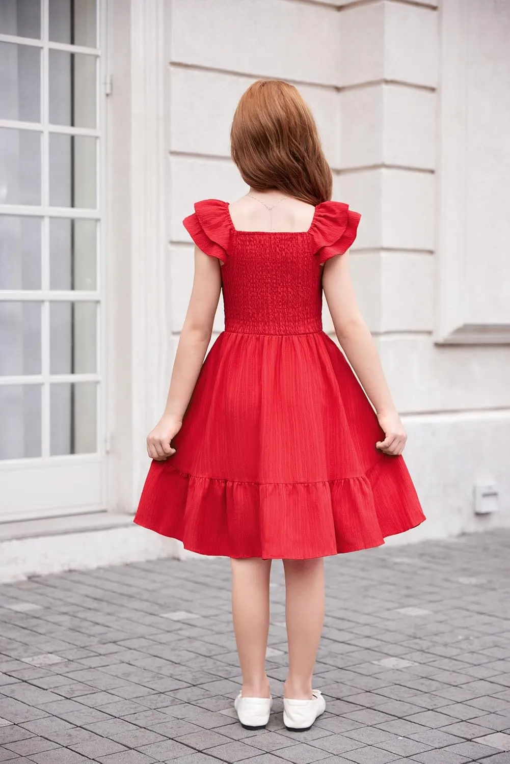 Arshiner Girls Dresses Double Pleated Sleeve Square Neck Off Shoulder Dress