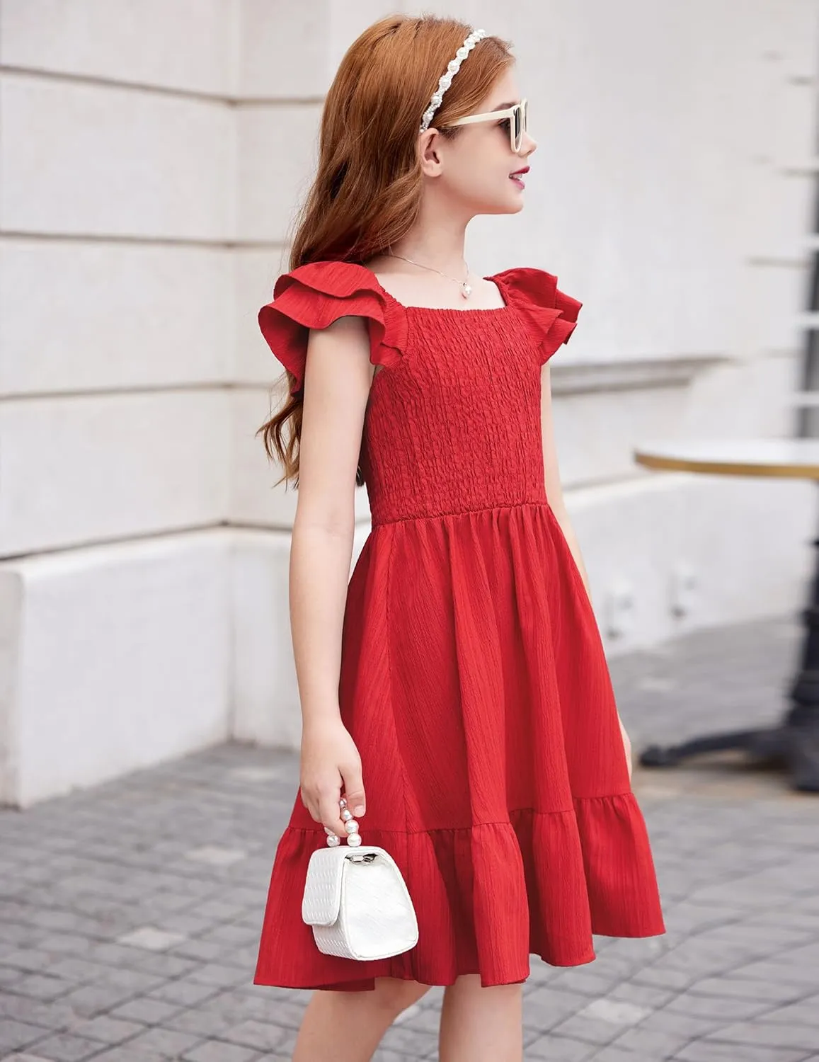 Arshiner Girls Dresses Double Pleated Sleeve Square Neck Off Shoulder Dress