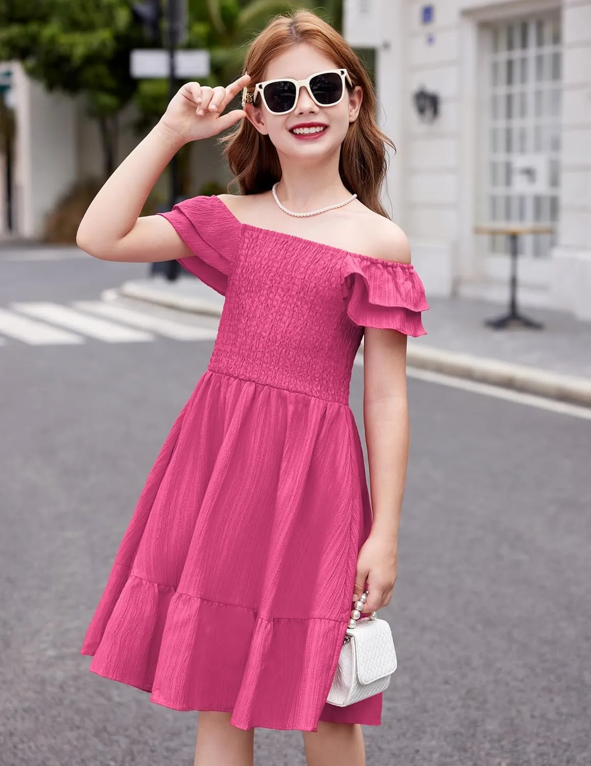 Arshiner Girls Dresses Double Pleated Sleeve Square Neck Off Shoulder Dress