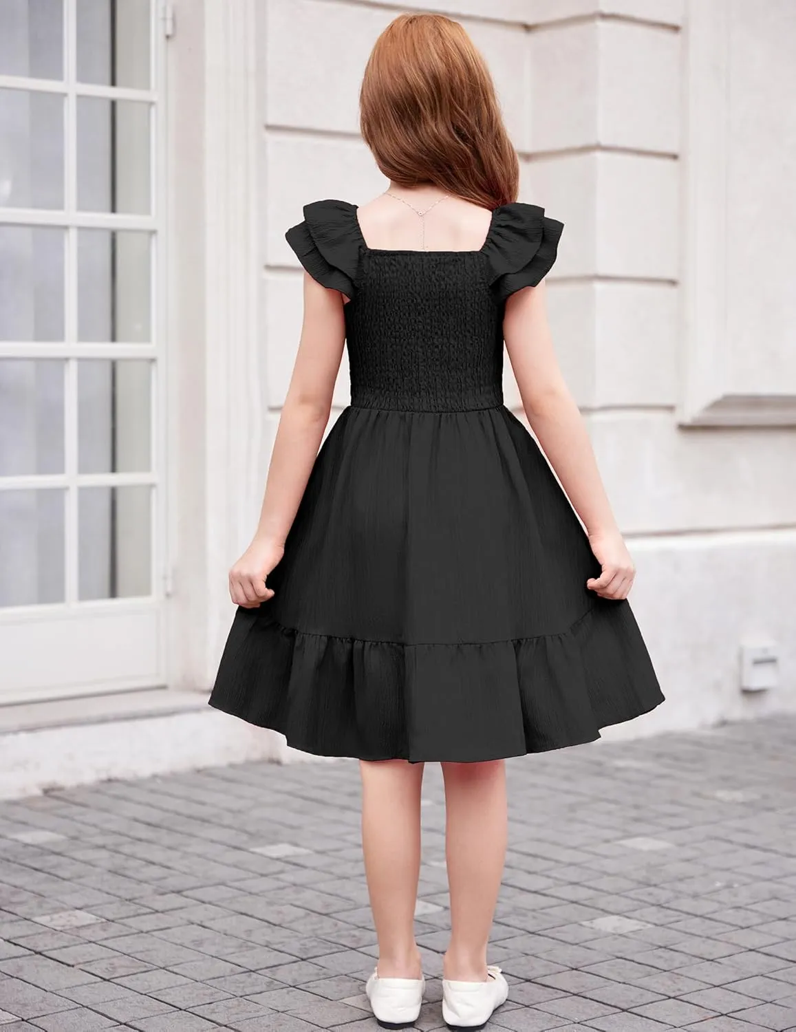Arshiner Girls Dresses Double Pleated Sleeve Square Neck Off Shoulder Dress