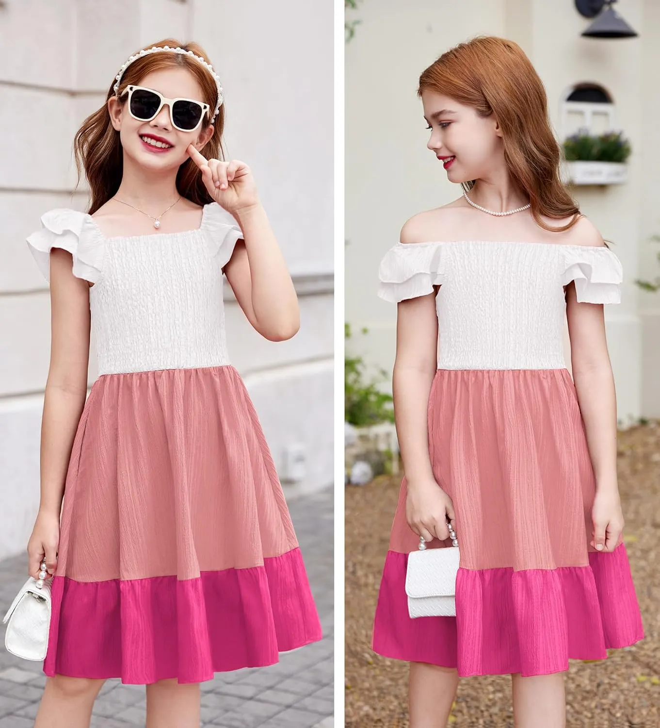 Arshiner Girls Dresses Double Pleated Sleeve Square Neck Off Shoulder Dress