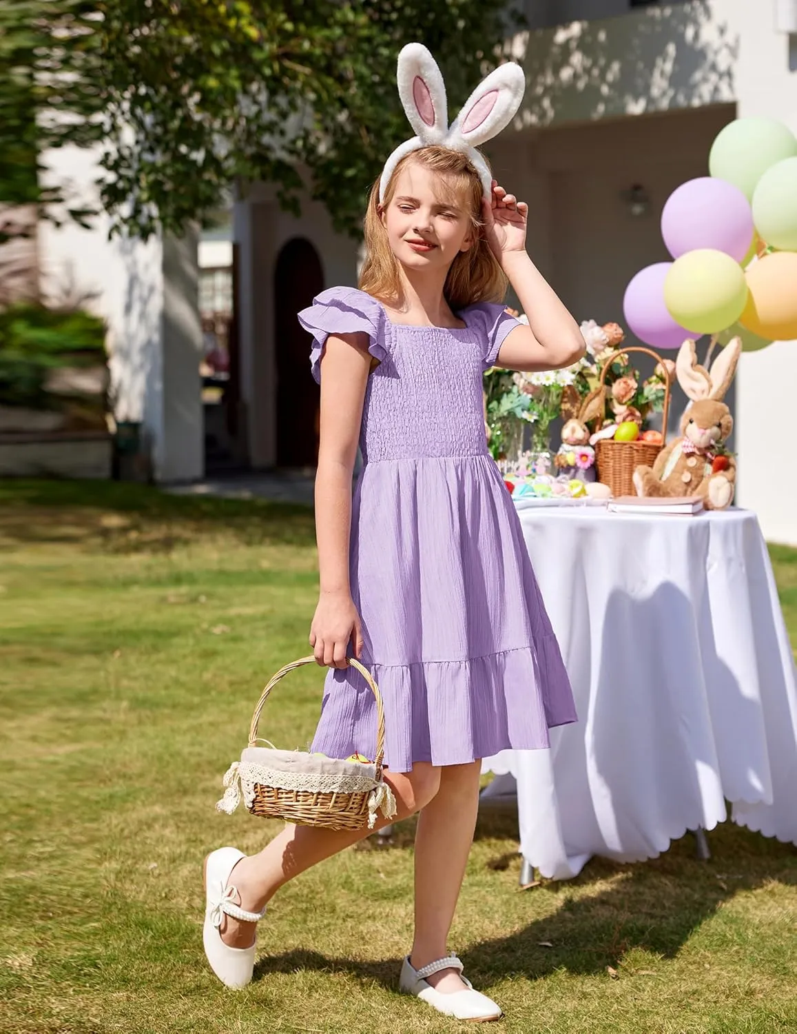 Arshiner Girls Dresses Double Pleated Sleeve Square Neck Off Shoulder Dress