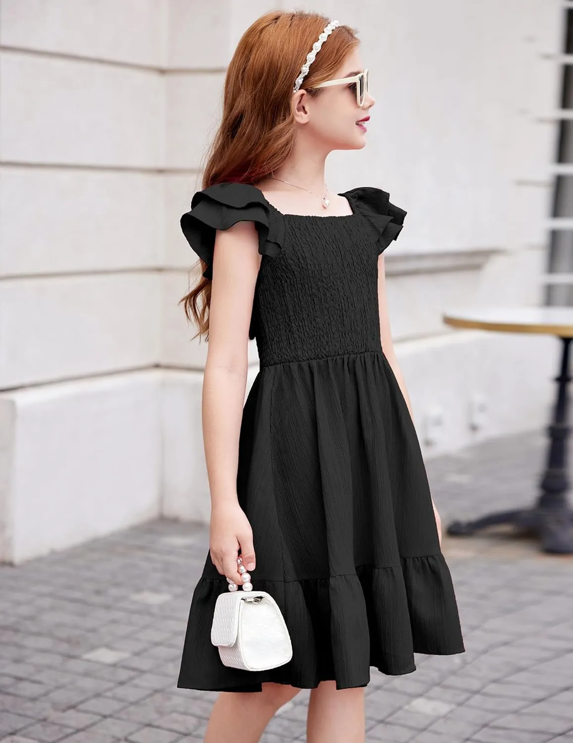 Arshiner Girls Dresses Double Pleated Sleeve Square Neck Off Shoulder Dress