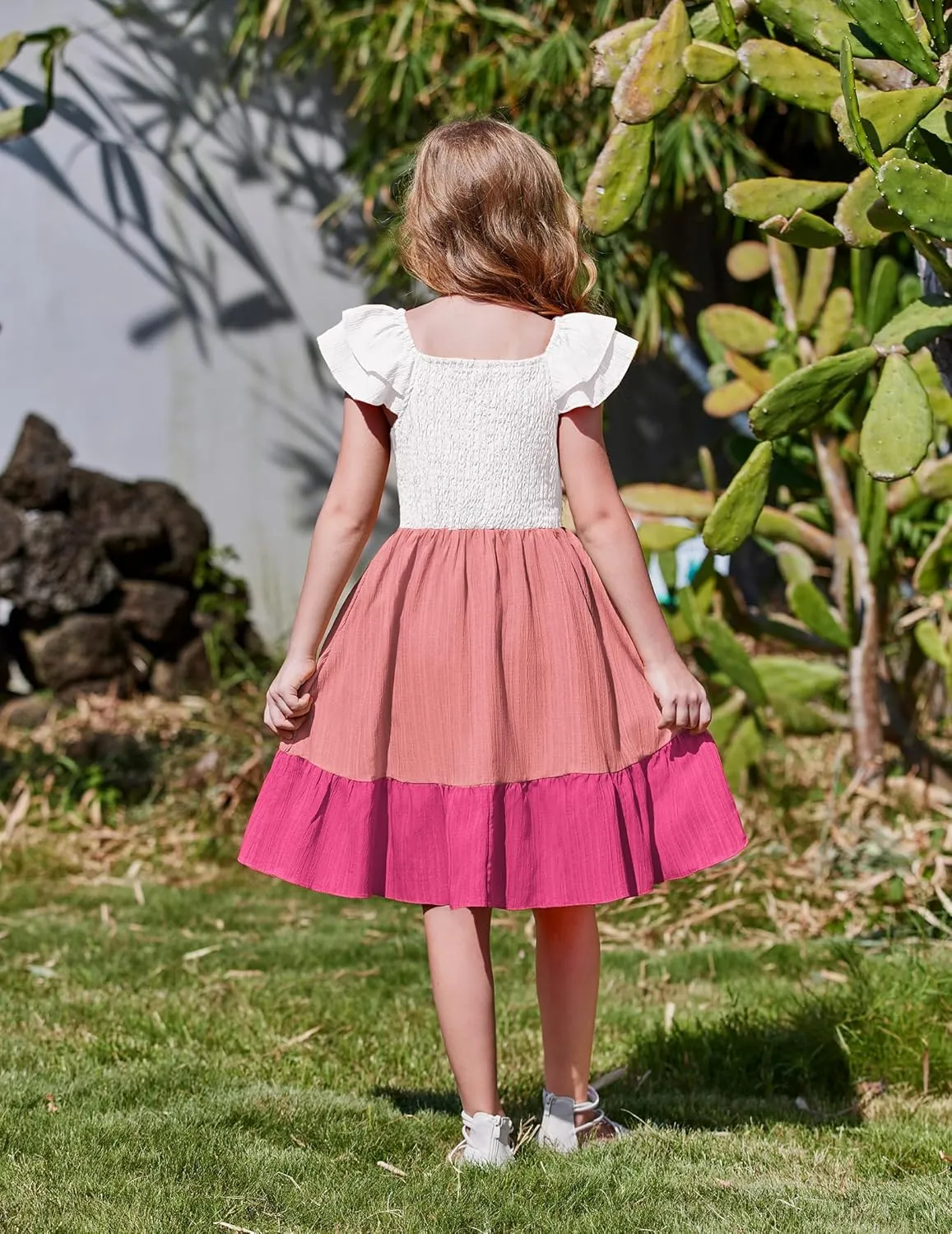 Arshiner Girls Dresses Double Pleated Sleeve Square Neck Off Shoulder Dress
