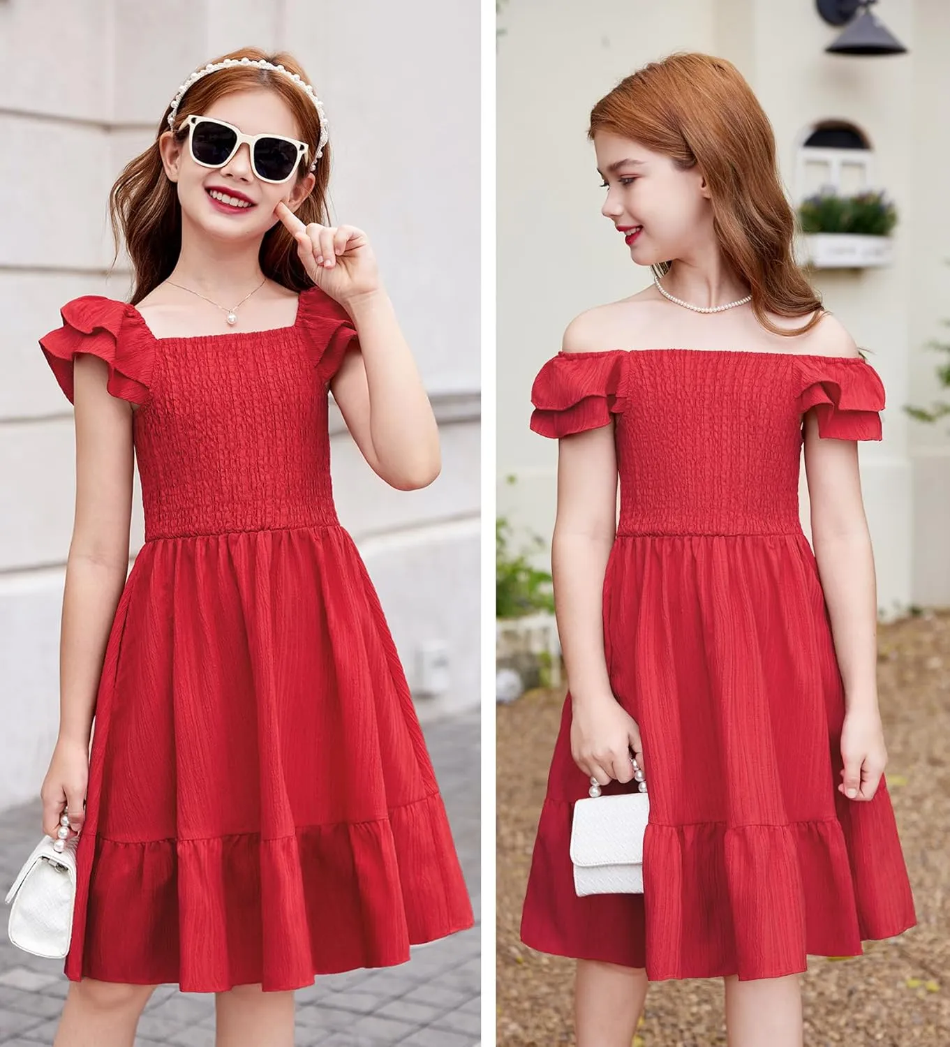 Arshiner Girls Dresses Double Pleated Sleeve Square Neck Off Shoulder Dress