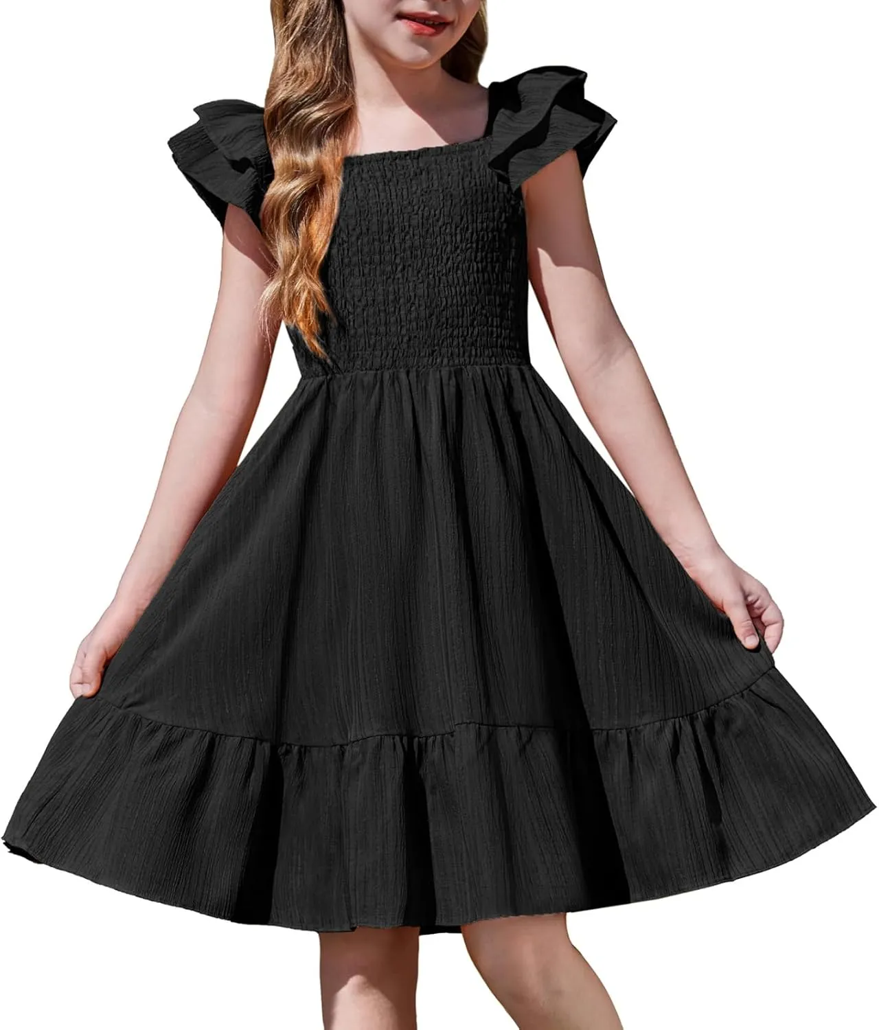 Arshiner Girls Dresses Double Pleated Sleeve Square Neck Off Shoulder Dress
