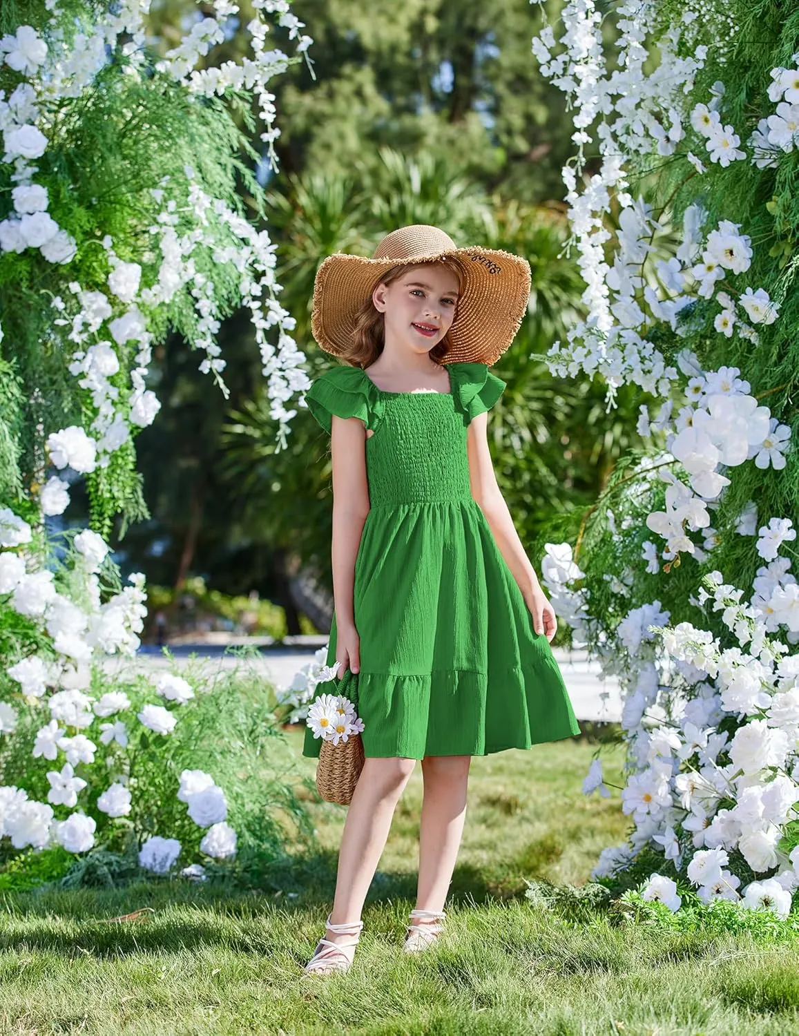 Arshiner Girls Dresses Double Pleated Sleeve Square Neck Off Shoulder Dress