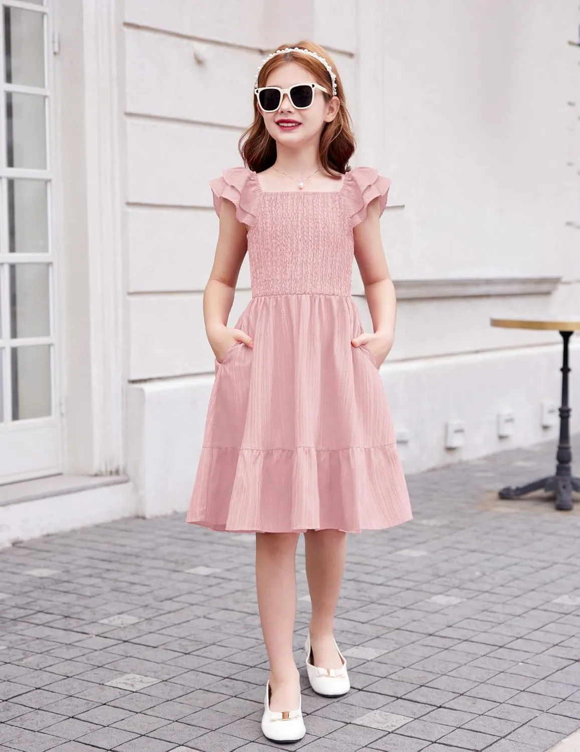 Arshiner Girls Dresses Double Pleated Sleeve Square Neck Off Shoulder Dress