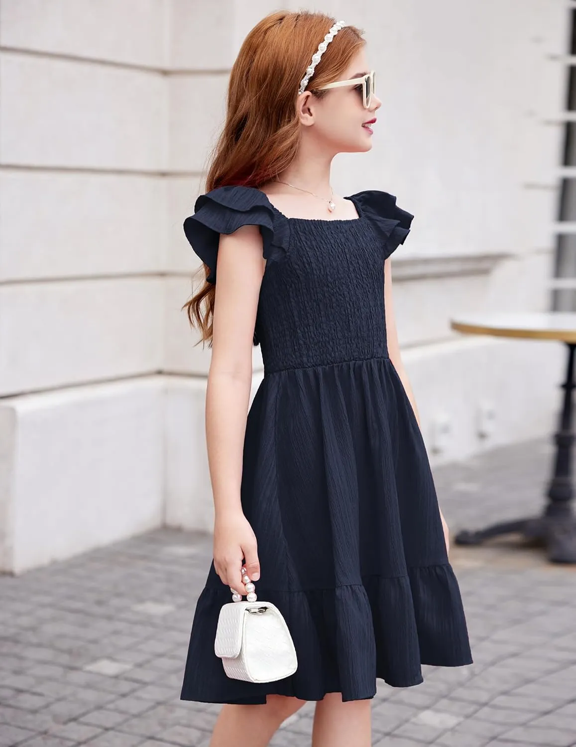 Arshiner Girls Dresses Double Pleated Sleeve Square Neck Off Shoulder Dress