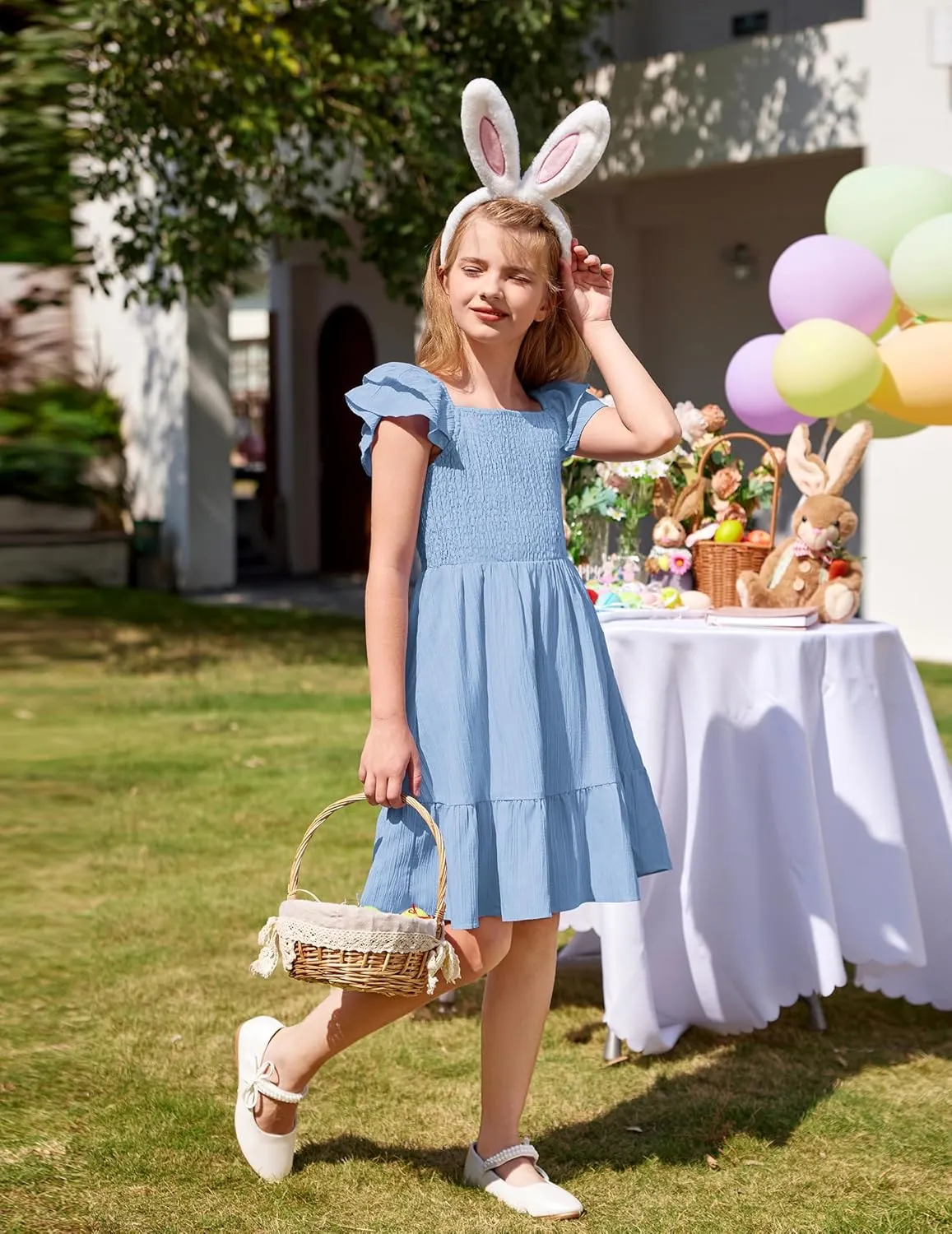 Arshiner Girls Dresses Double Pleated Sleeve Square Neck Off Shoulder Dress