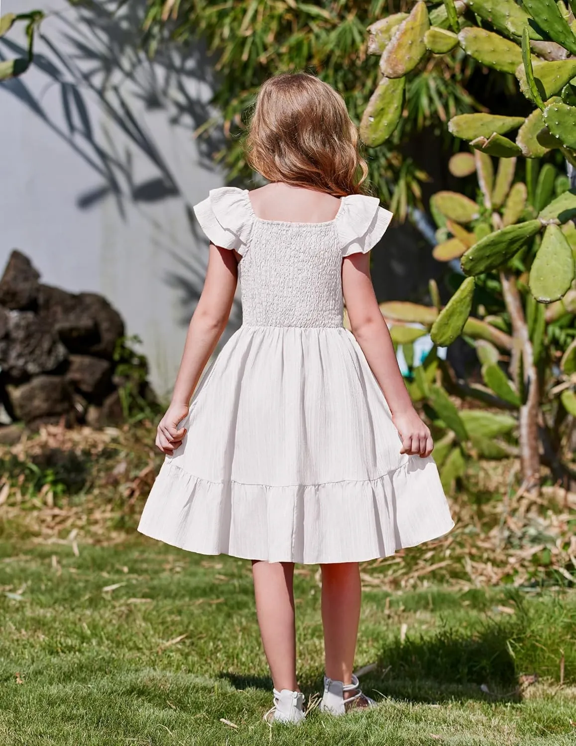 Arshiner Girls Dresses Double Pleated Sleeve Square Neck Off Shoulder Dress