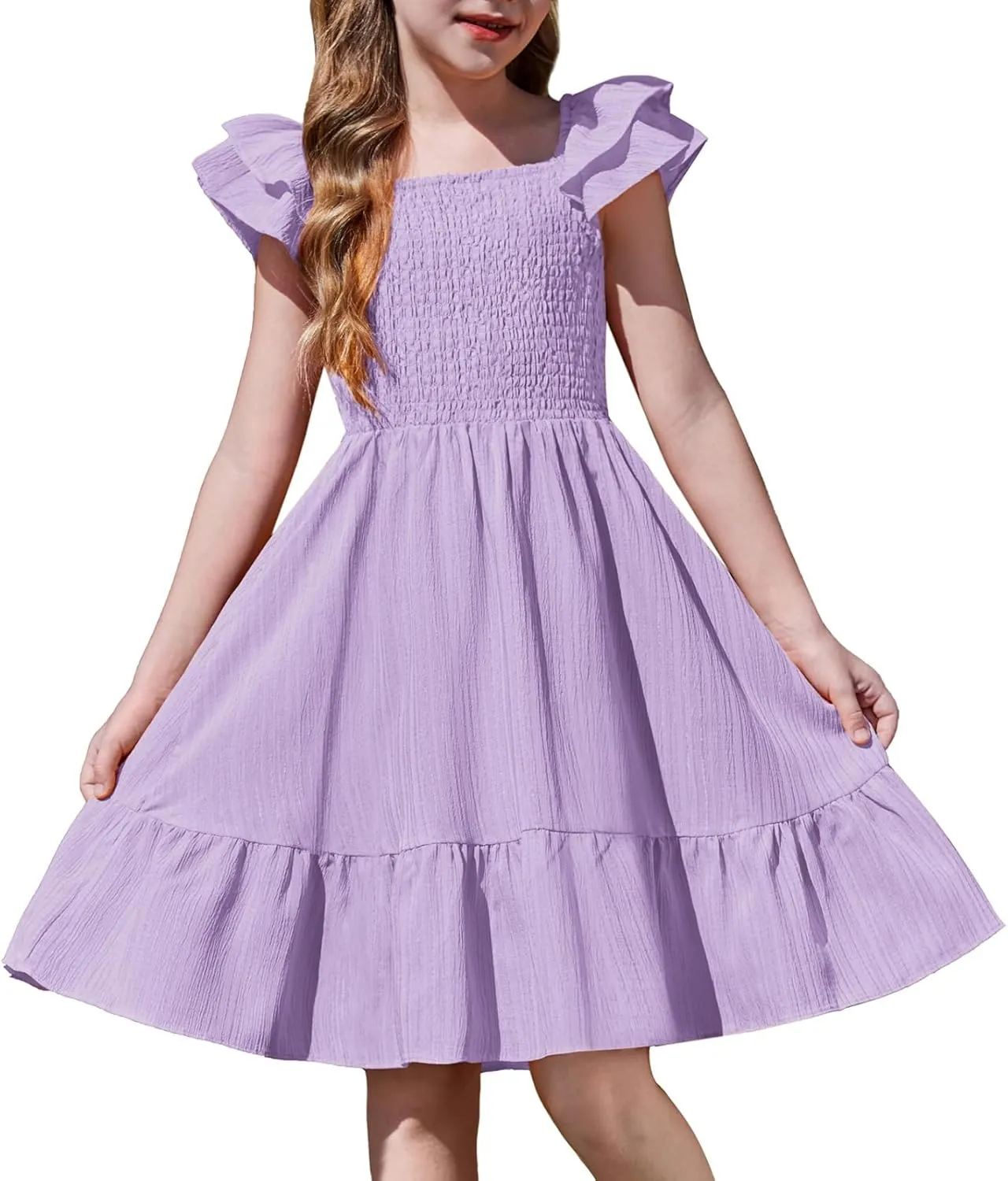 Arshiner Girls Dresses Double Pleated Sleeve Square Neck Off Shoulder Dress
